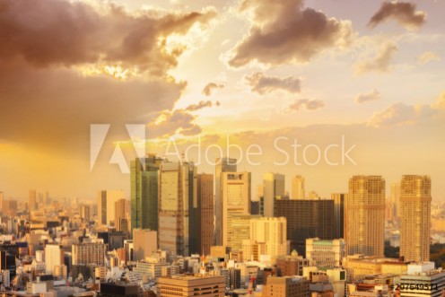 Picture of Cityscape of tokyo city sunset sunrise skyline in Aerial view with skyscraper modern business office building with blue sky background in Tokyo metropolis city Japan
